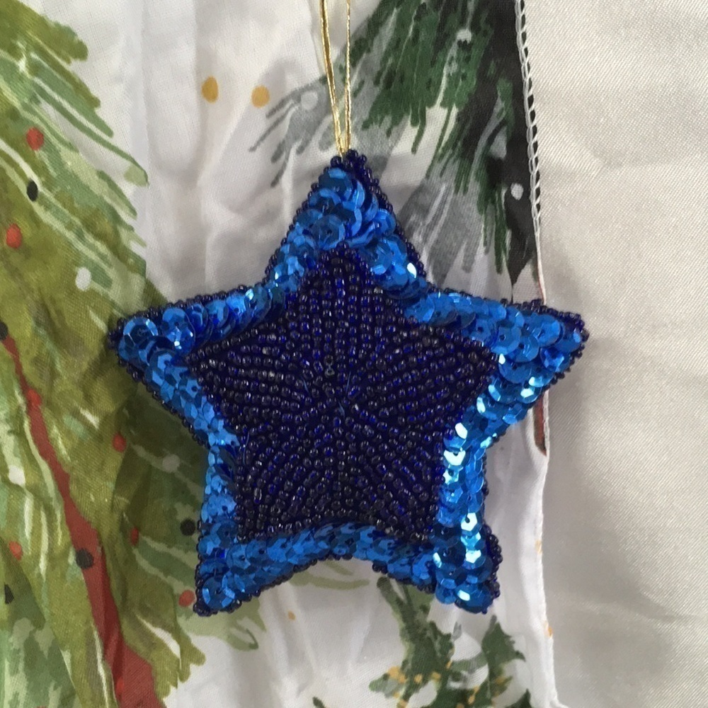 Vintage 80s Handmade Sequin Beaded Star Christmas Ornament Blue Puffy Felt